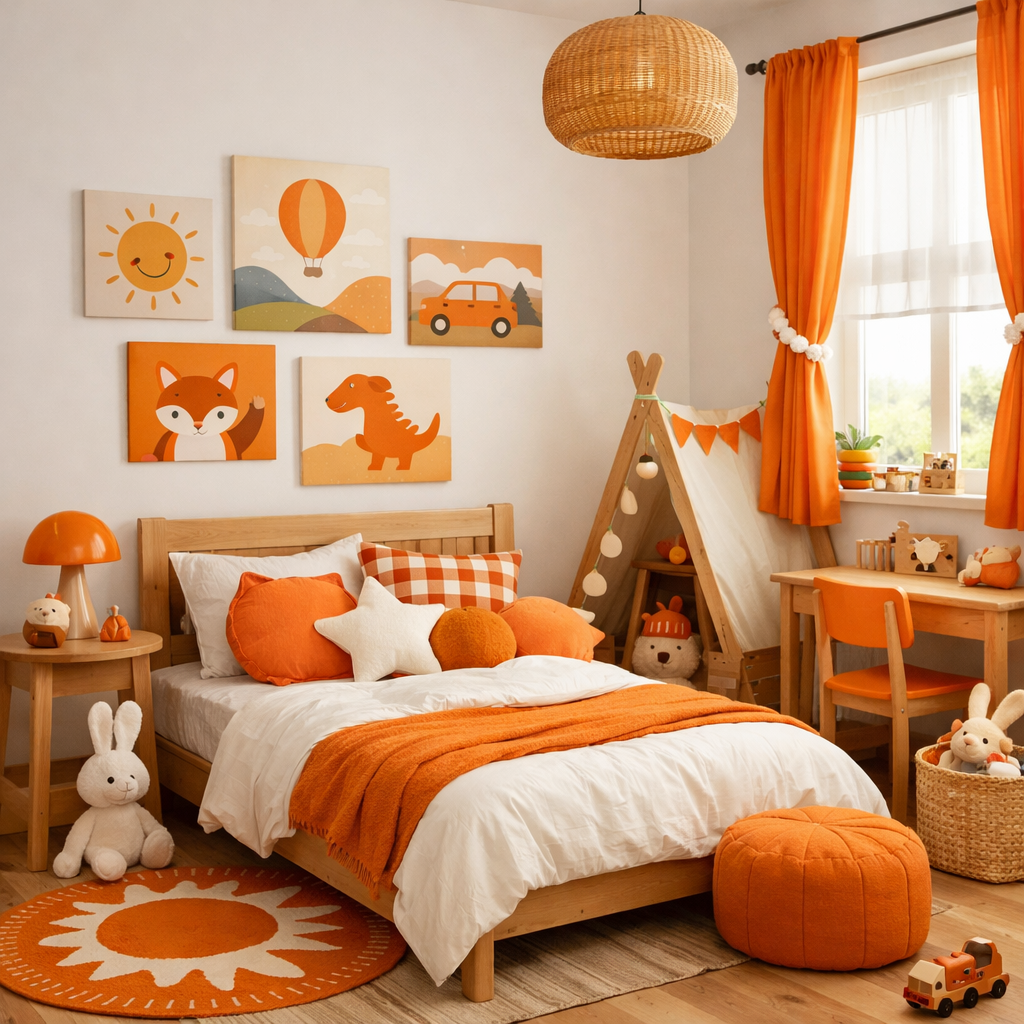 A vibrant kid's bedroom decorated with orange accessories, featuring artworks, cushions, and curtains.