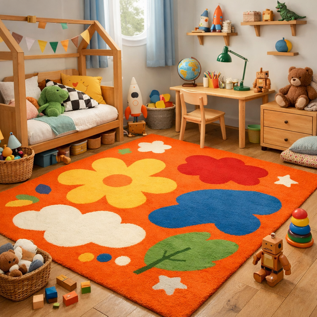 A colorful orange rug with flowers and clouds in a kids' bedroom, complemented by wooden furniture and playful toys.