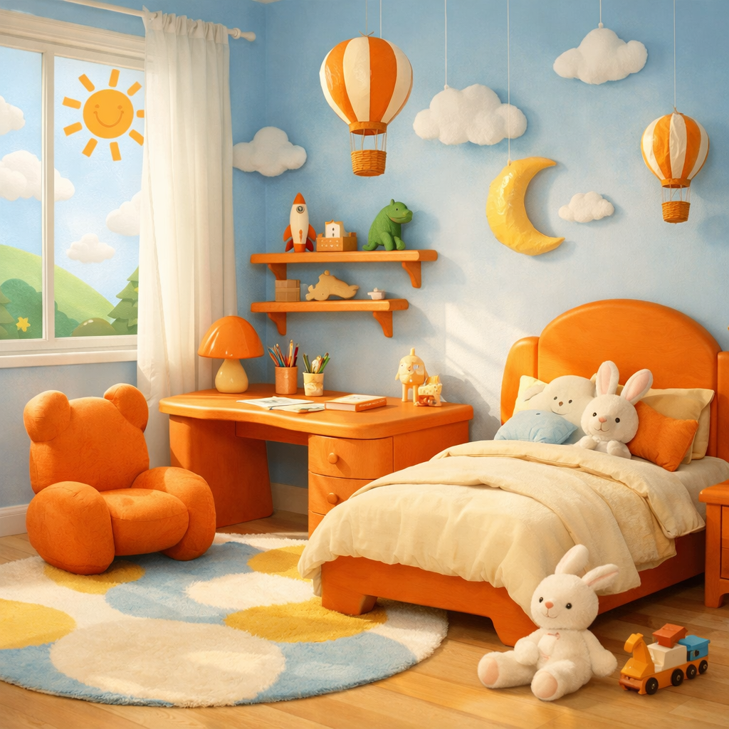 A whimsical kids bedroom with orange furniture including a bear-shaped chair and an orange desk.