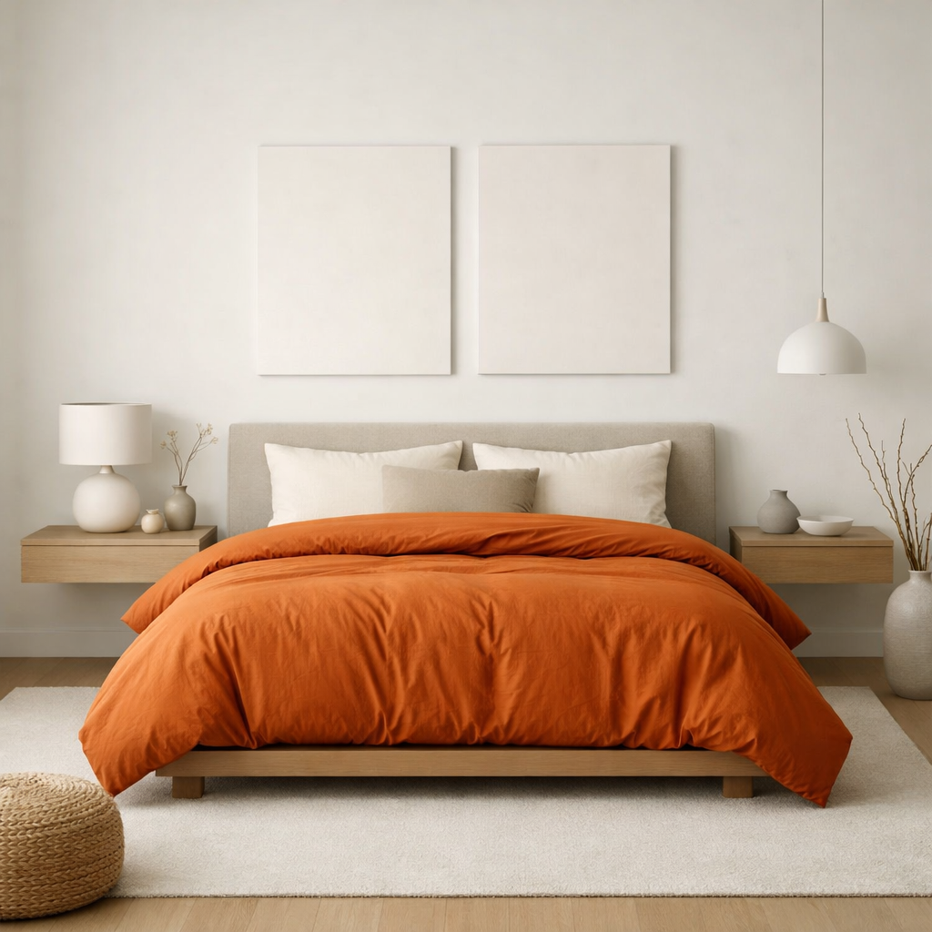A modern bedroom featuring a burnt orange comforter, minimalist furniture, and soft textures.