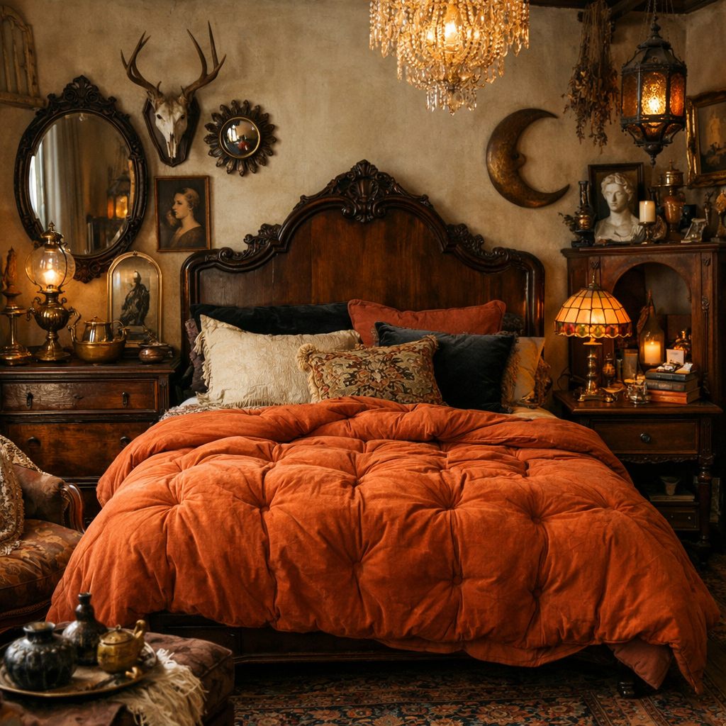 A vintage eclectic bedroom featuring a burnt orange comforter, antique furniture, and eclectic decor.