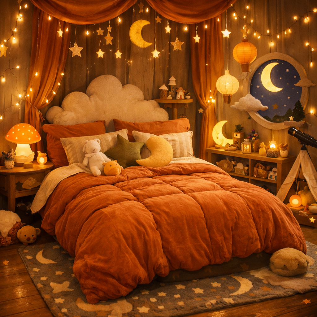 A cozy bedroom with a burnt orange comforter, featuring whimsical decor elements like clouds, stars, and soft lighting.