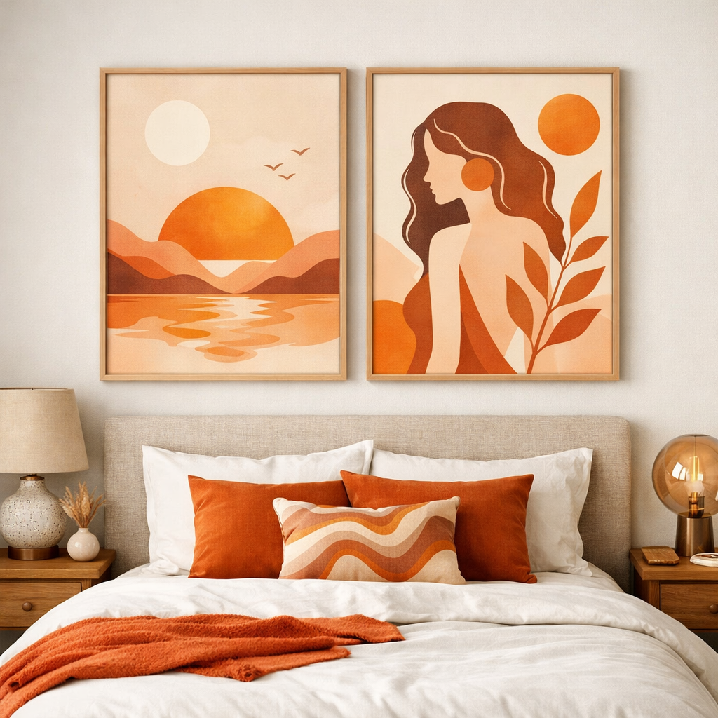 A light orange bedroom featuring artwork with orange hues, layered bedding, and decorative pillows.