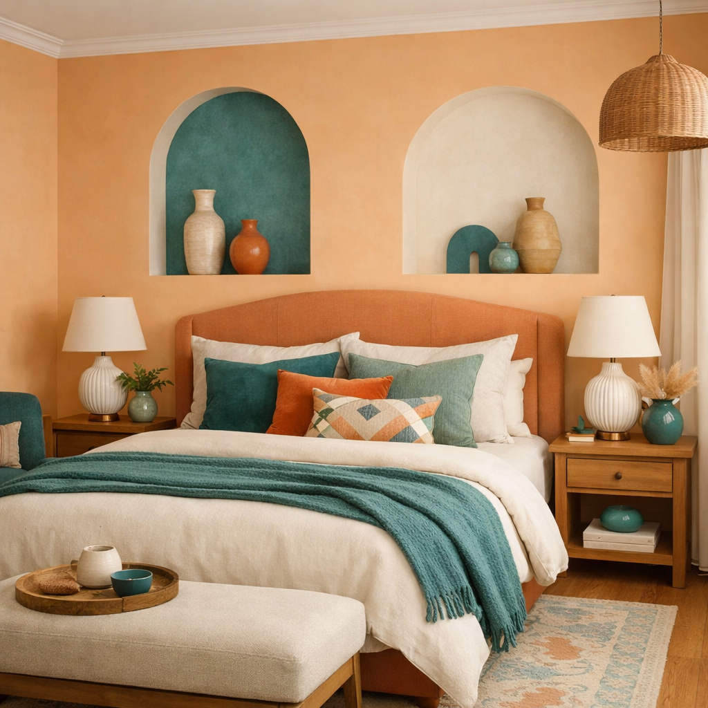 A cozy light orange bedroom featuring teal accents and earthy decor.