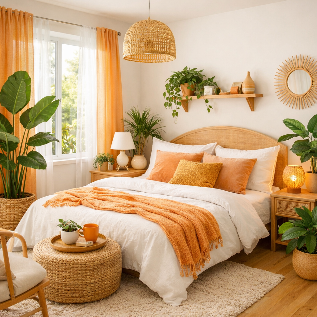 A bright and inviting bedroom decorated in light orange hues with indoor plants.