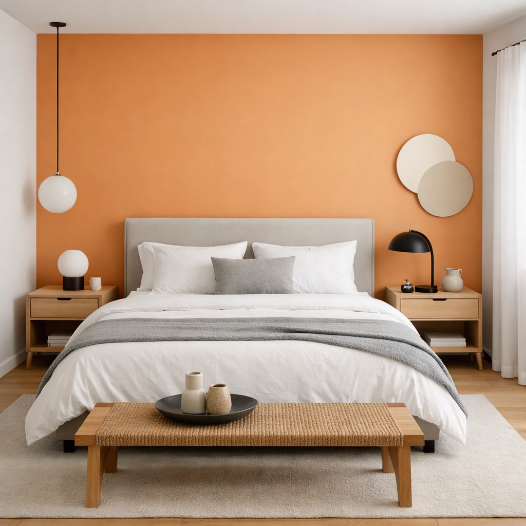 A beautiful bedroom with a light orange accent wall, featuring a cozy bed and stylish decor.