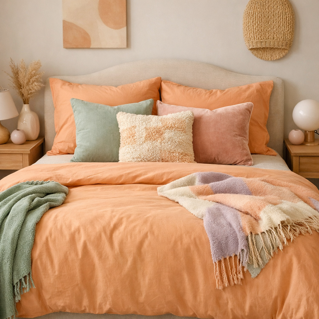 A cozy light orange bedding set with a mix of pillows and a patterned throw blanket.