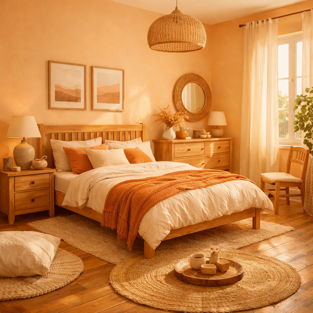 Cozy light orange bedroom with wooden furniture and warm accents