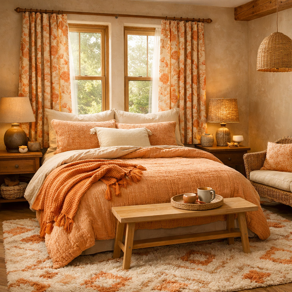 A cozy light orange bedroom featuring textured fabrics, patterned curtains, and a fluffy rug.