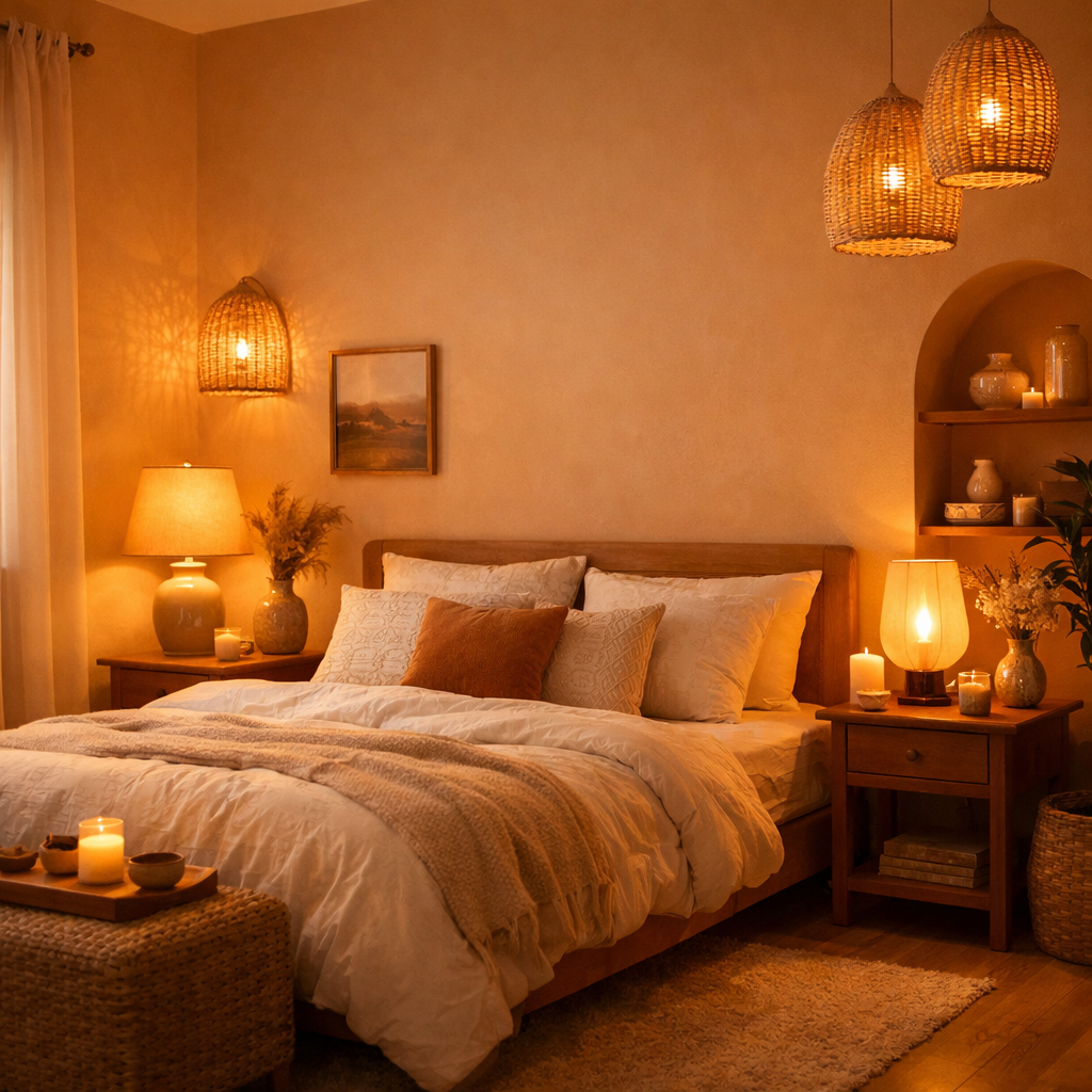 A warm light orange bedroom with cozy decor and soft lighting.