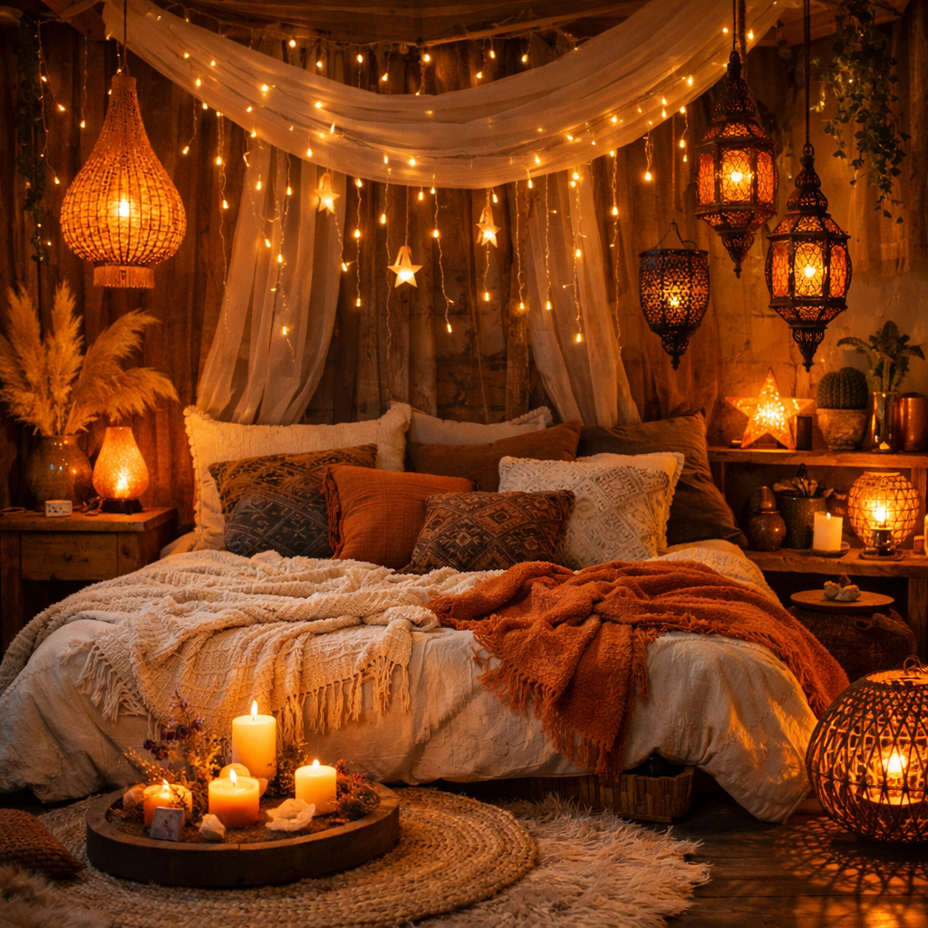 A cozy orange bohemian bedroom with various warm lighting fixtures