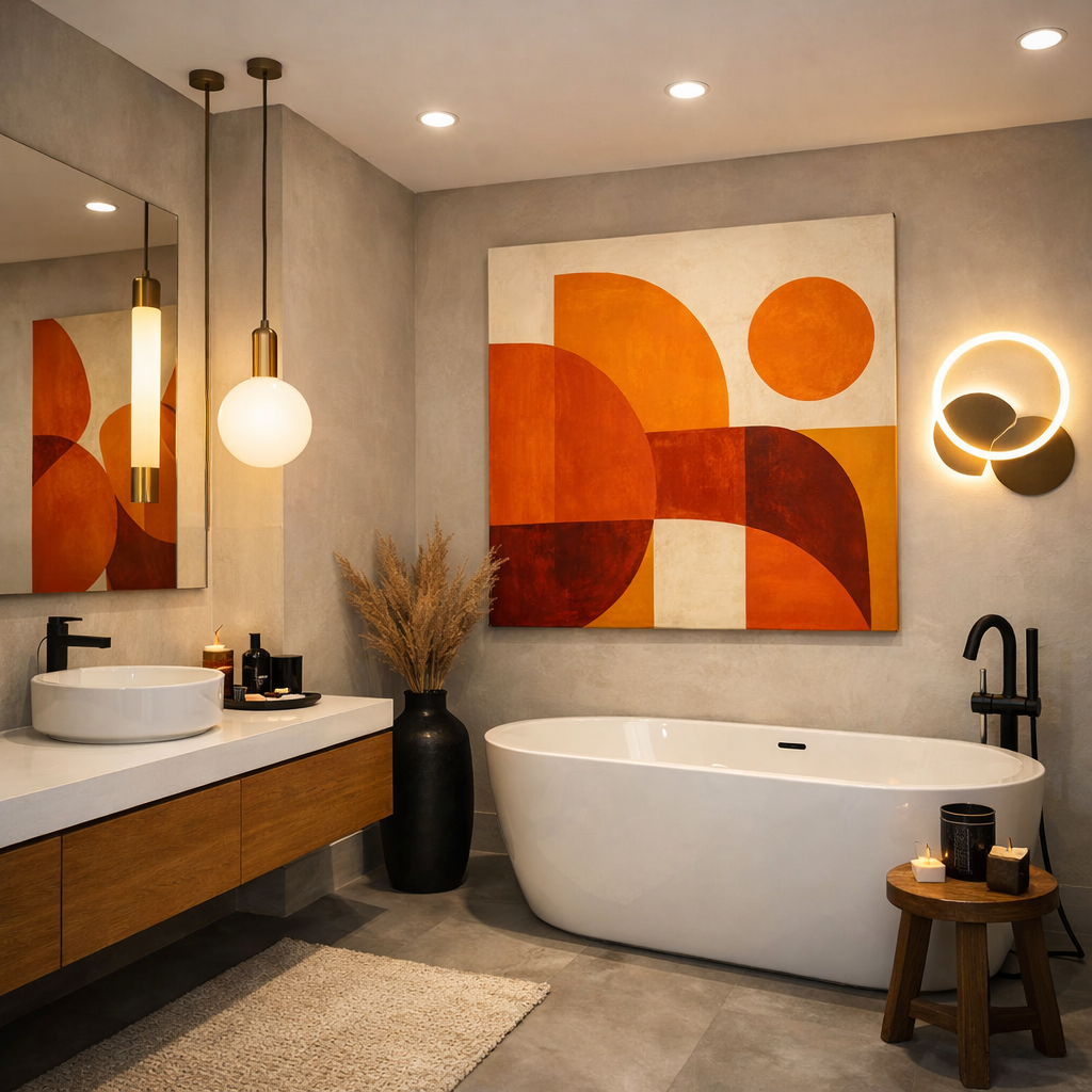 A stylish bathroom featuring bold orange abstract artwork, modern fixtures, and elegant decor.