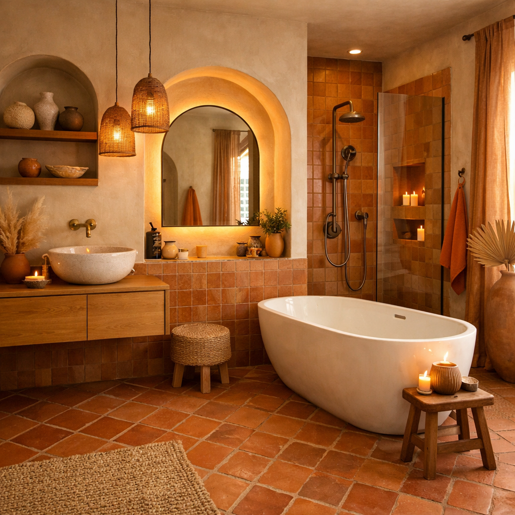 A cozy bathroom featuring terracotta tiles, a white bathtub, natural lighting, and decorative elements.