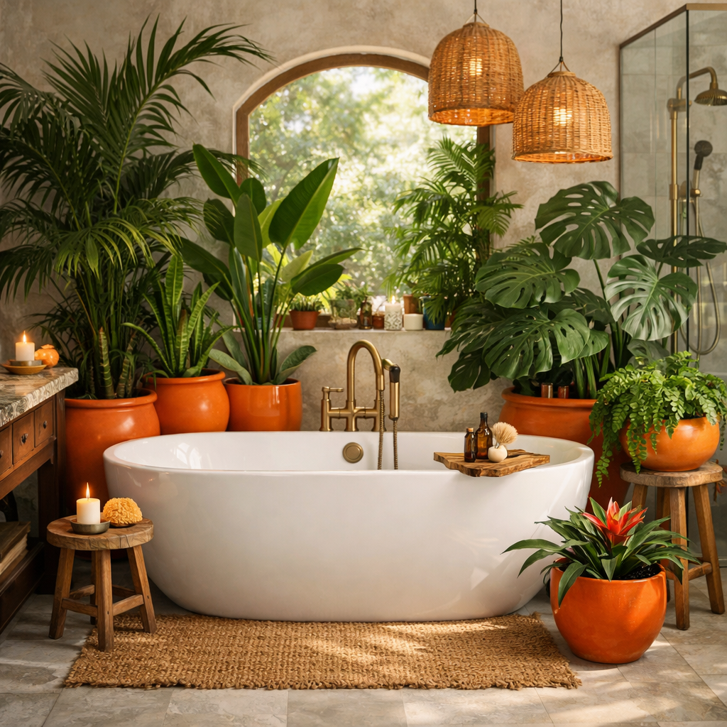 A tropical bathroom with orange potted plants, a freestanding tub, and woven accents.