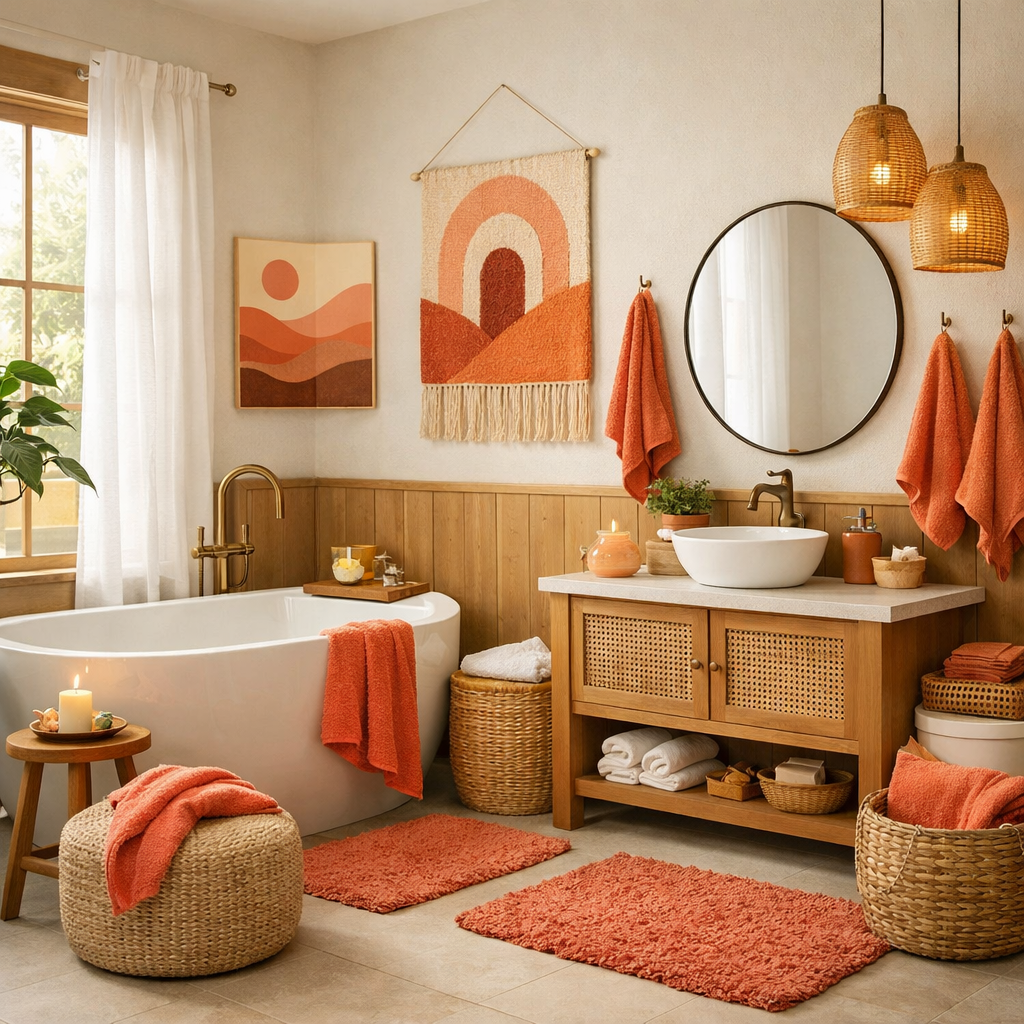 A stylish bathroom with warm coral accents, featuring a white bathtub, coral towels, and natural wooden elements.