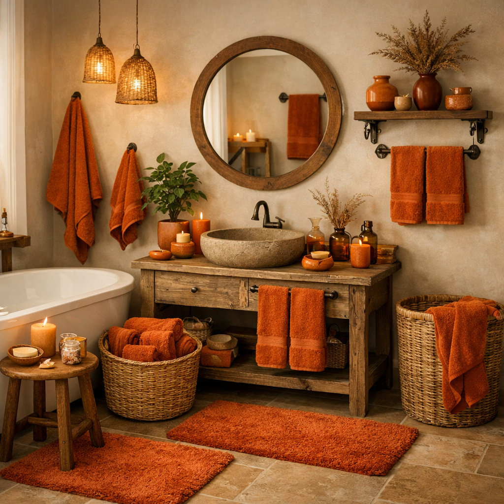 Cozy bathroom featuring burnt orange textiles and earthy accessories.