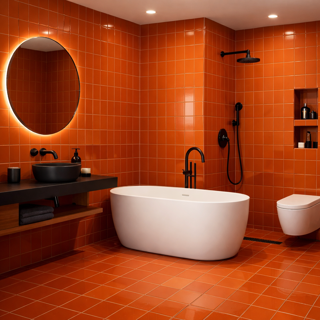 A modern bathroom featuring burnt orange tiles, a sleek white bathtub, and stylish black fixtures.