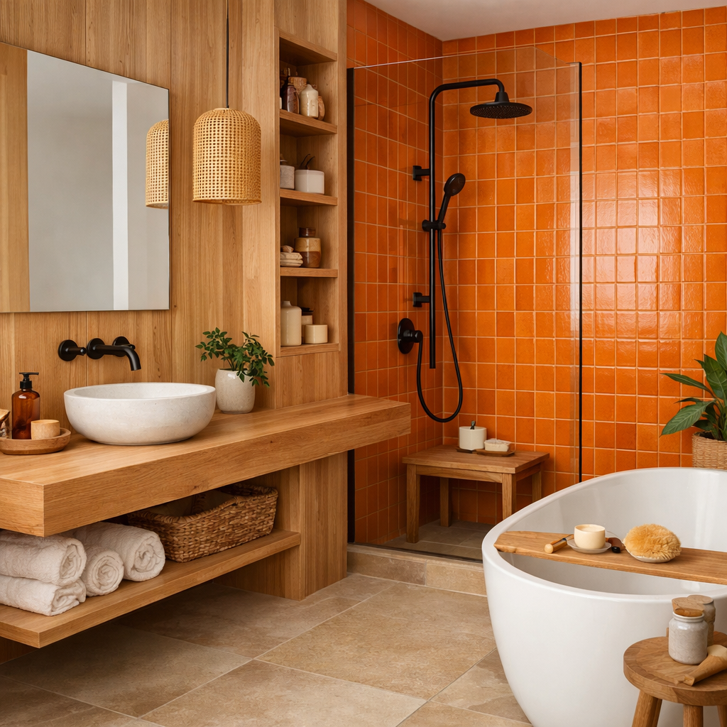 A modern bathroom featuring orange tiles and natural wood accents, with a large wooden countertop, a freestanding tub, and plants for a warm atmosphere.