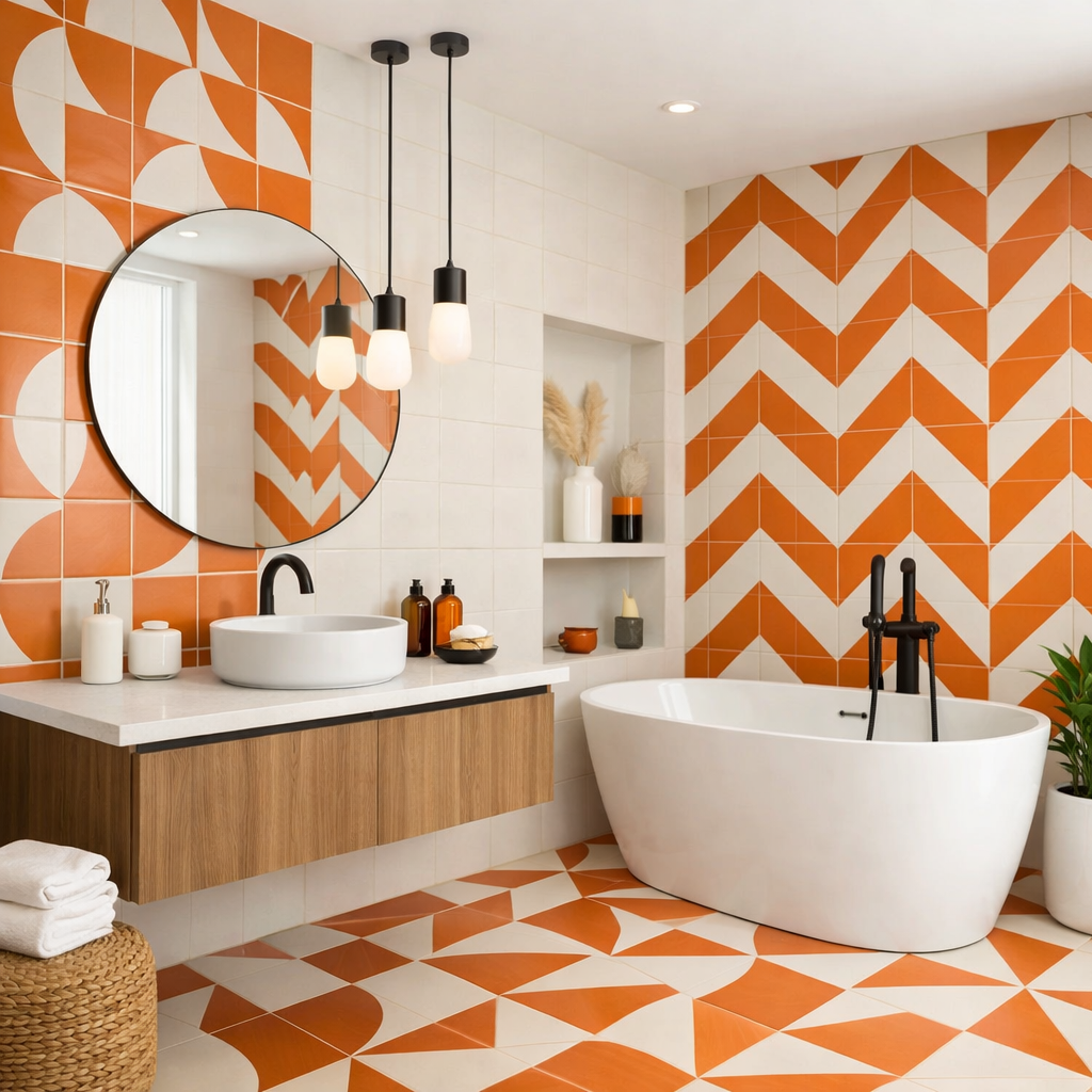 A modern bathroom featuring orange and white geometric tiled walls with a freestanding bathtub.