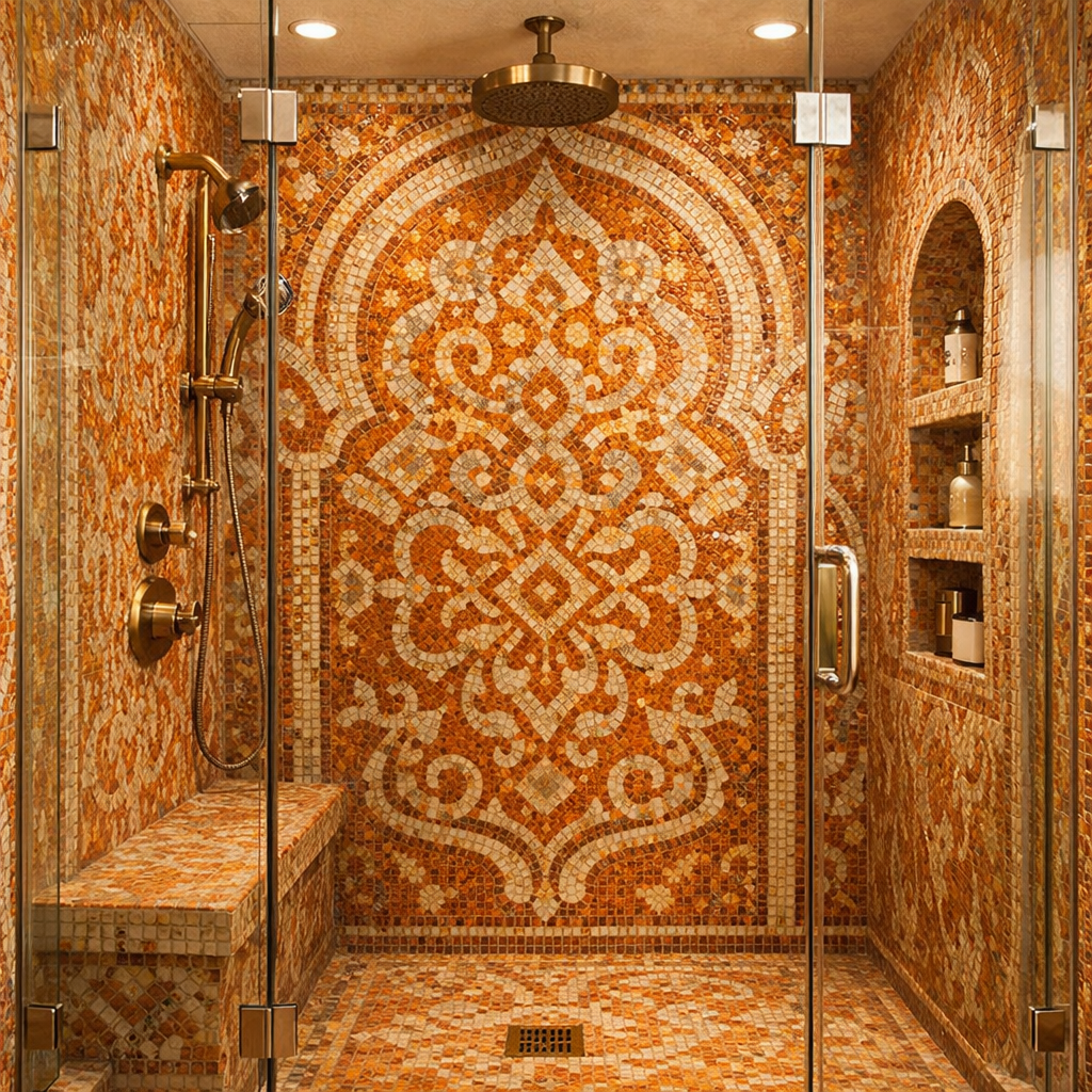 Beautiful orange mosaic tile shower with decorative patterns and a glass enclosure.