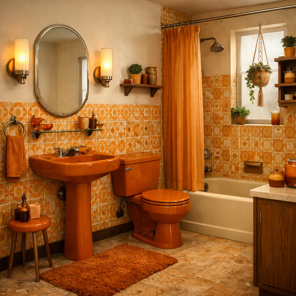 A vintage-inspired bathroom with orange tiles, a pedestal sink, and matching fixtures, showcasing floral patterns and cozy accessories.