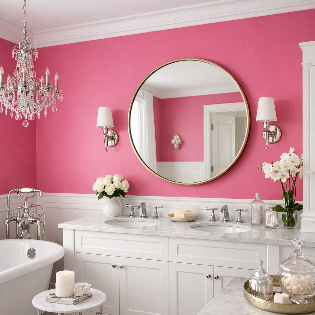 A stylish bathroom featuring bold pink walls, chic fixtures, and elegant decor.