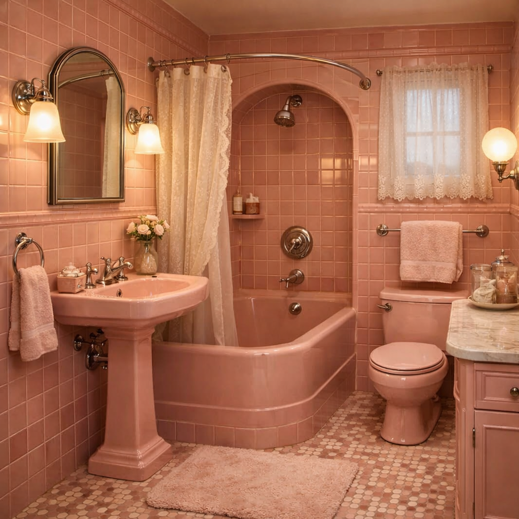 A stylish vintage pink bathroom with pink tiles, a sink, bathtub, and elegant decor.