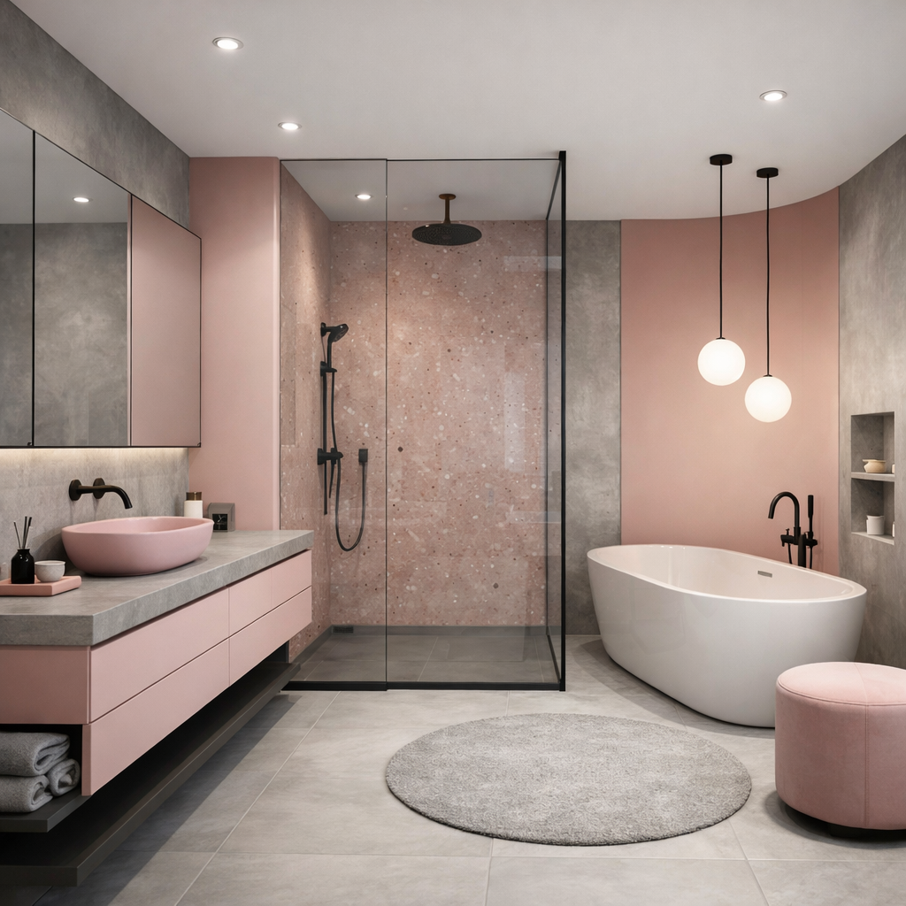 A contemporary pink and grey bathroom featuring a sleek vanity, glass shower, and a freestanding bathtub.
