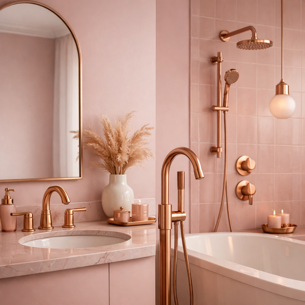 A stylish pink bathroom featuring elegant rose gold fixtures, a luxurious bathtub, and decorative elements.