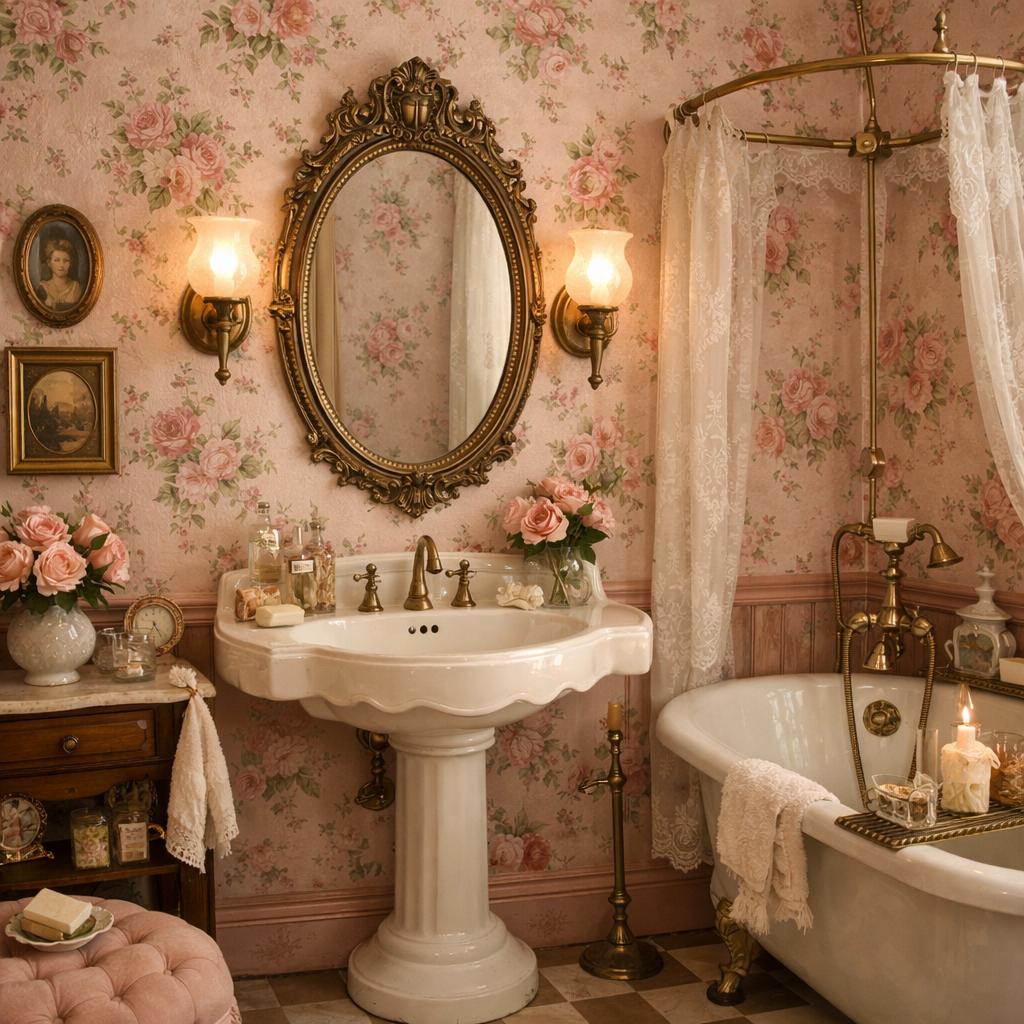 A bathroom with floral pink wallpaper, vintage fixtures, and decorative elements.