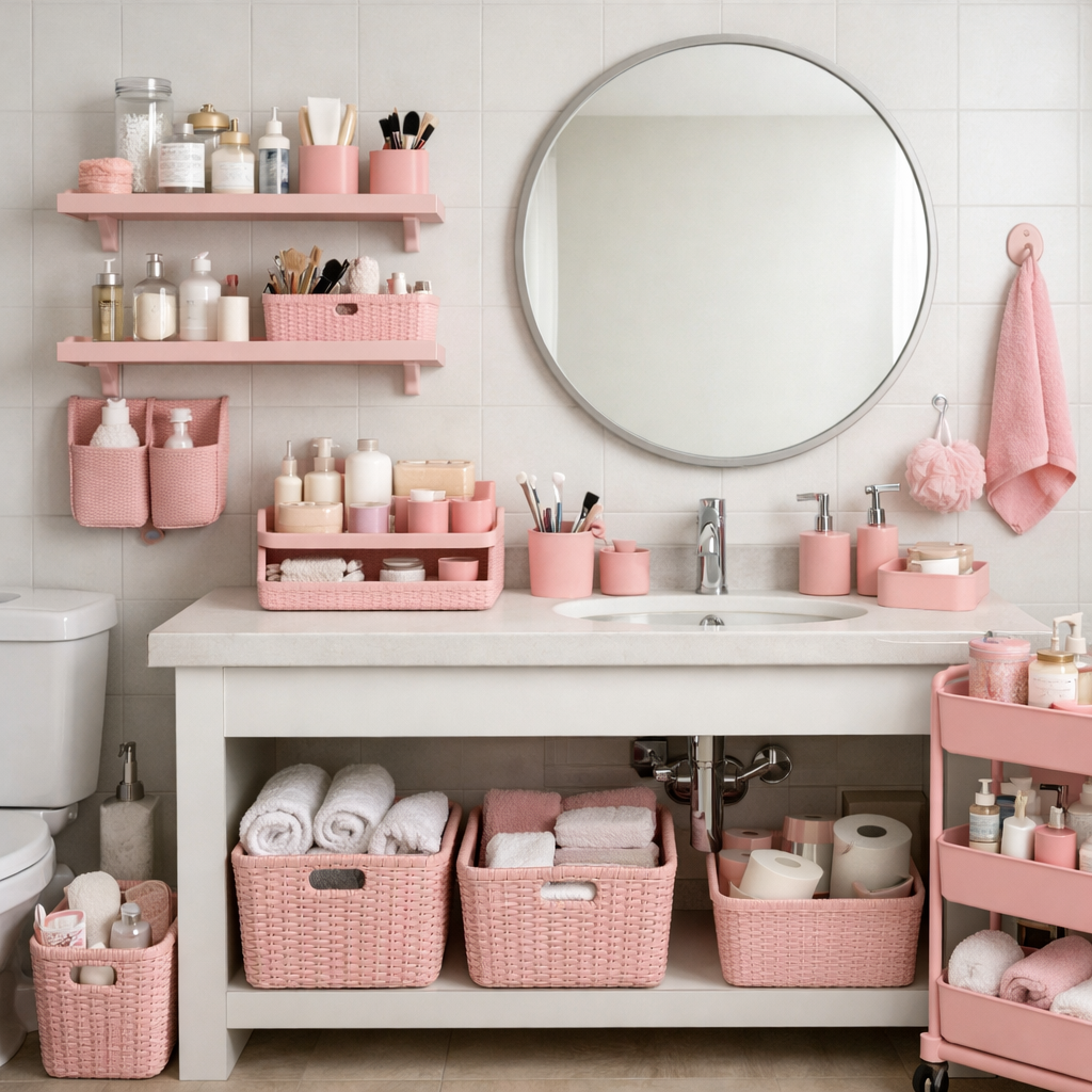 Functional pink storage solutions in a stylish bathroom