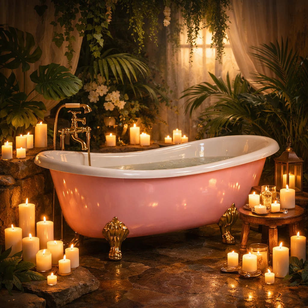 A luxurious pink bathtub surrounded by candles and greenery.