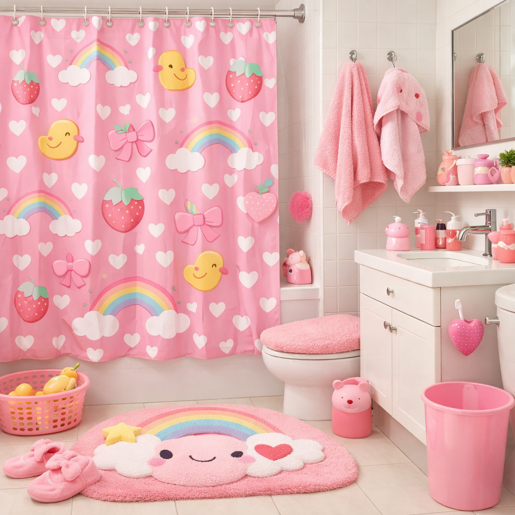A playful pink bathroom with a rainbow shower curtain, plush cloud bath mat, and cute accessories.