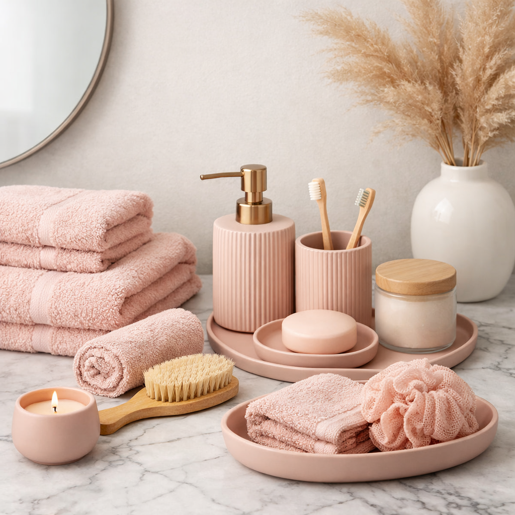 A beautifully arranged pink bathroom with towels, a soap dispenser, and a candle.