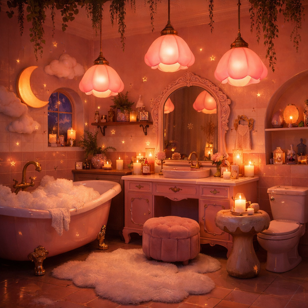 A whimsical pink bathroom with flower-like lighting, candles, and a cozy atmosphere.