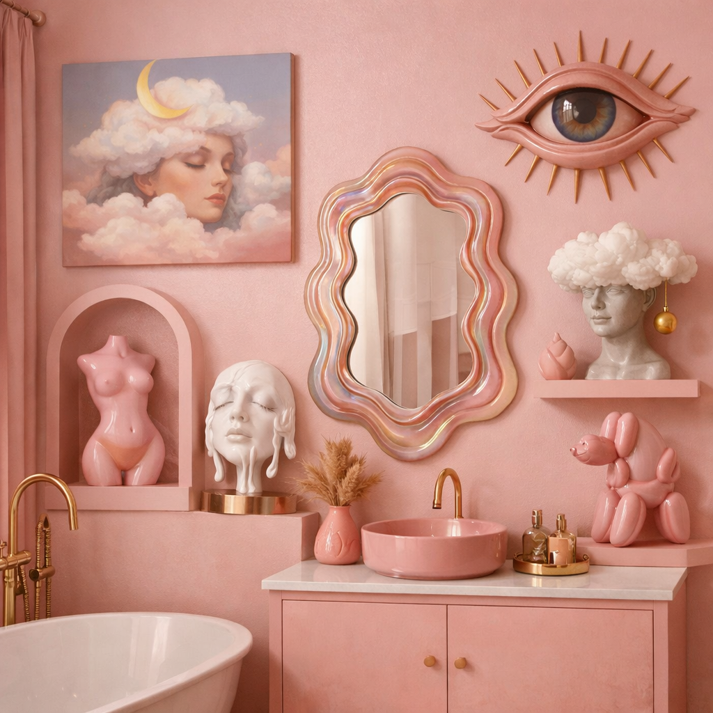 A pink bathroom showcasing artistic touches including sculptures, a mirror, and vibrant artwork.