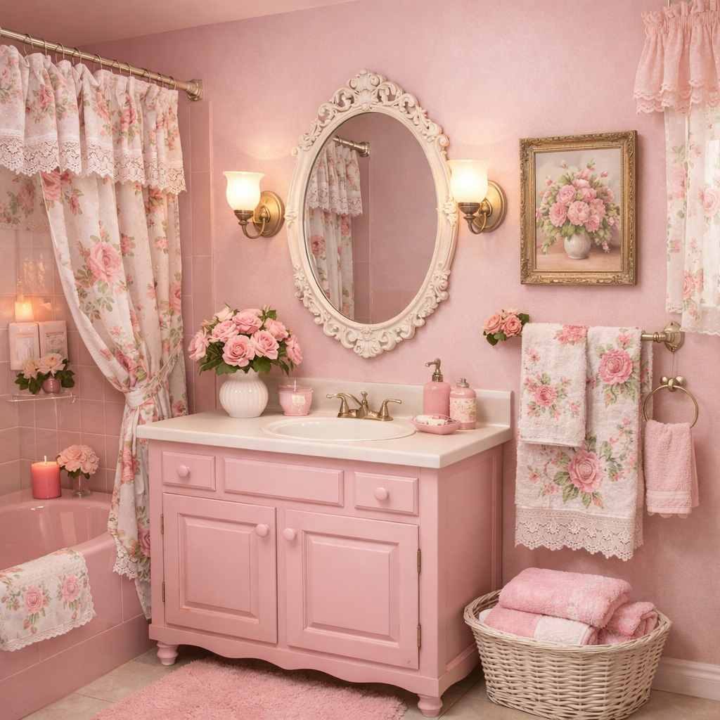 A pink bathroom with floral accents, featuring a pink vanity, floral shower curtain, and decorative rose arrangements.