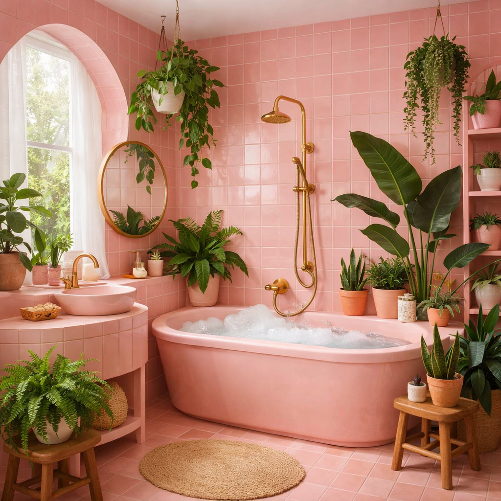 A pink bathroom featuring a bathtub, plants, a round mirror, and golden fixtures