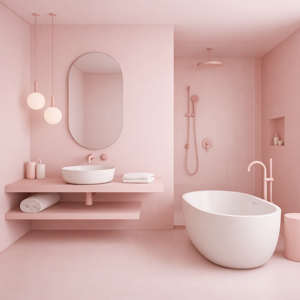 A minimalist pink bathroom featuring a freestanding bathtub, a round mirror, and clean lines.