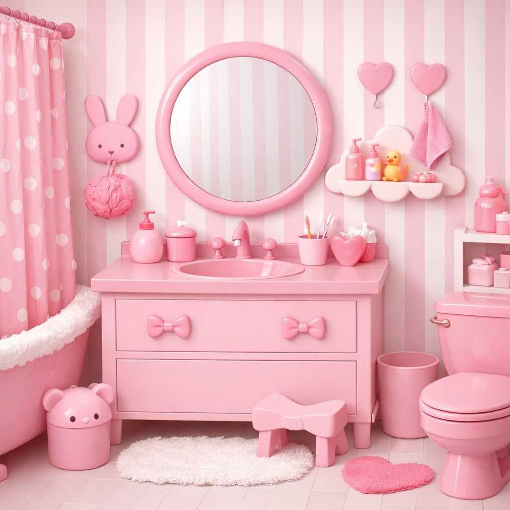 A pink bathroom with striped walls, polka dot shower curtain, pink fixtures, and cute accessories.