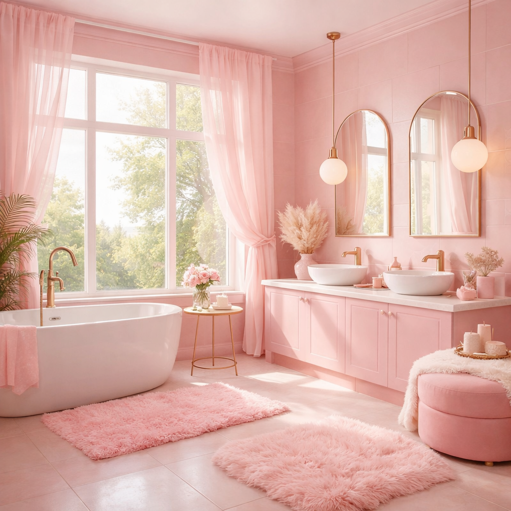 Bright pink bathroom with natural light, featuring fluffy rugs, a bathtub, and elegant decor