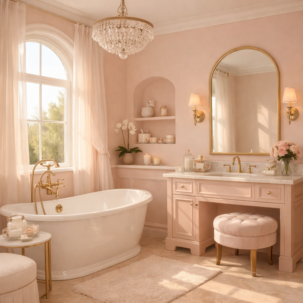 A serene pink bathroom with soft blush walls, a white bathtub, and elegant golden fixtures.