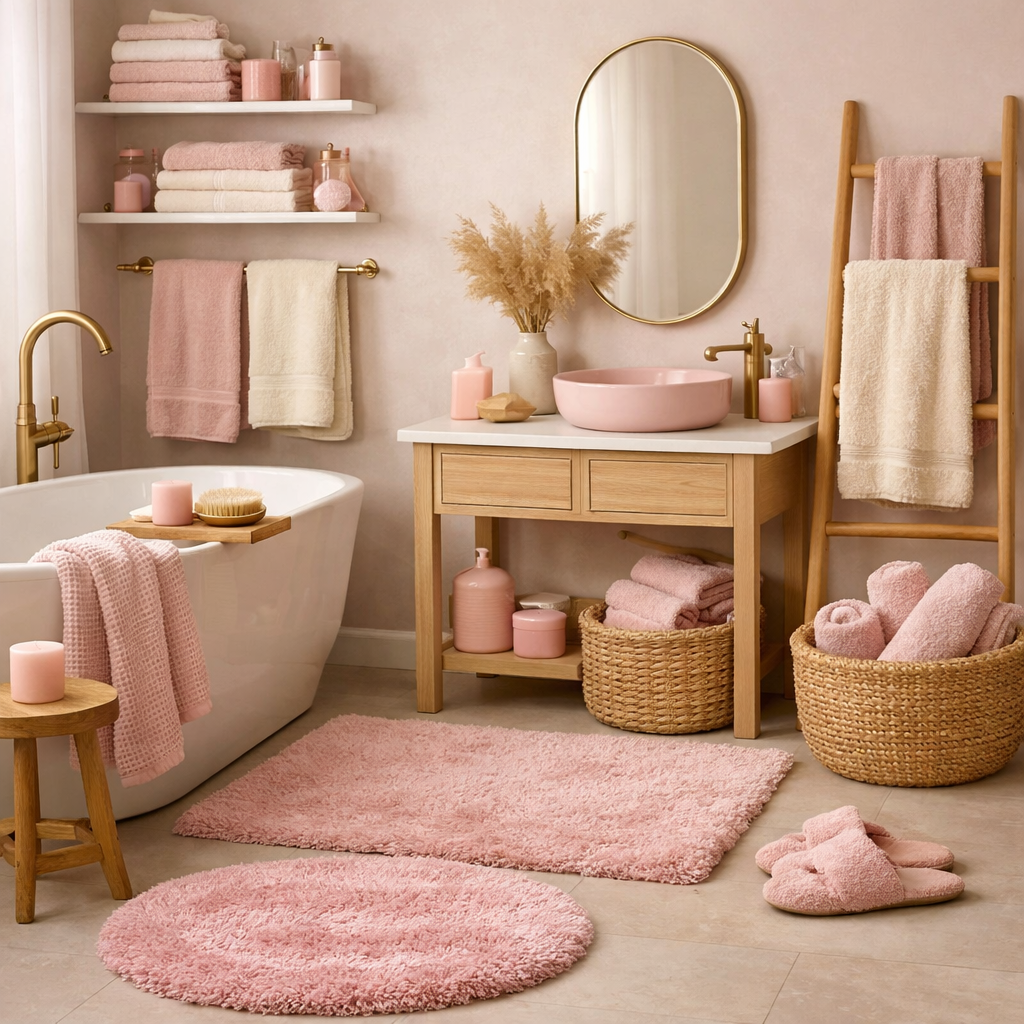 Aesthetic pink bathroom featuring soft towels and rugs