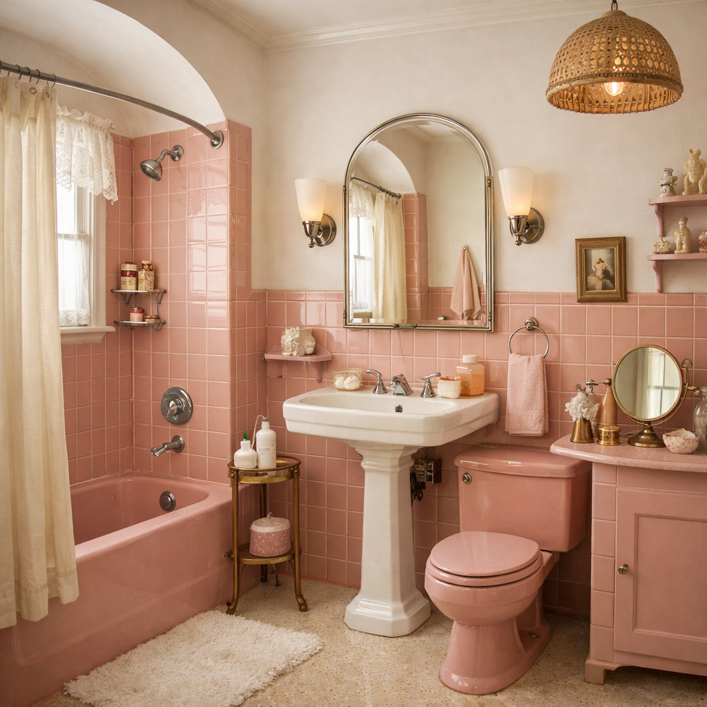 A vintage pink bathroom with soft tiles, a pink bathtub, and elegant accessories.
