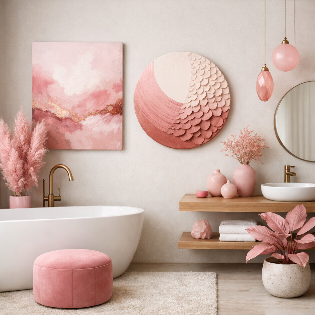 A modern pink bathroom featuring artistic decor elements, including wall art and decorative vases.