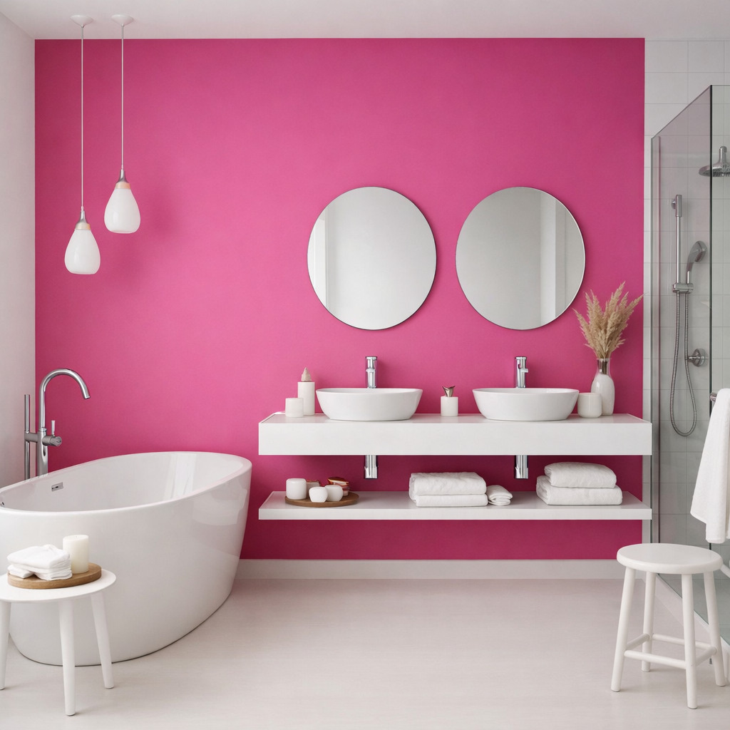 Modern bathroom featuring a bold pink accent wall with round mirrors and a sleek white sink