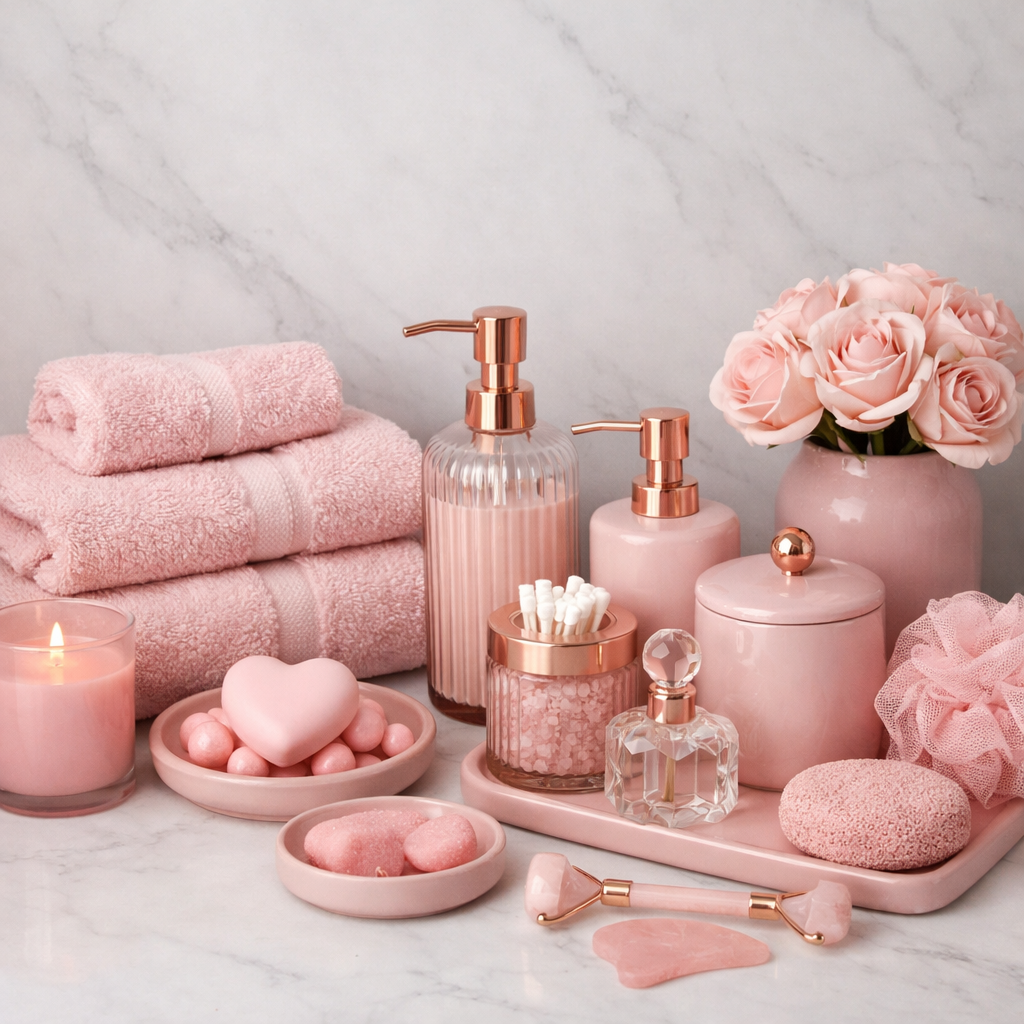 Modern pink bathroom accessories including towels, soaps, and flowers