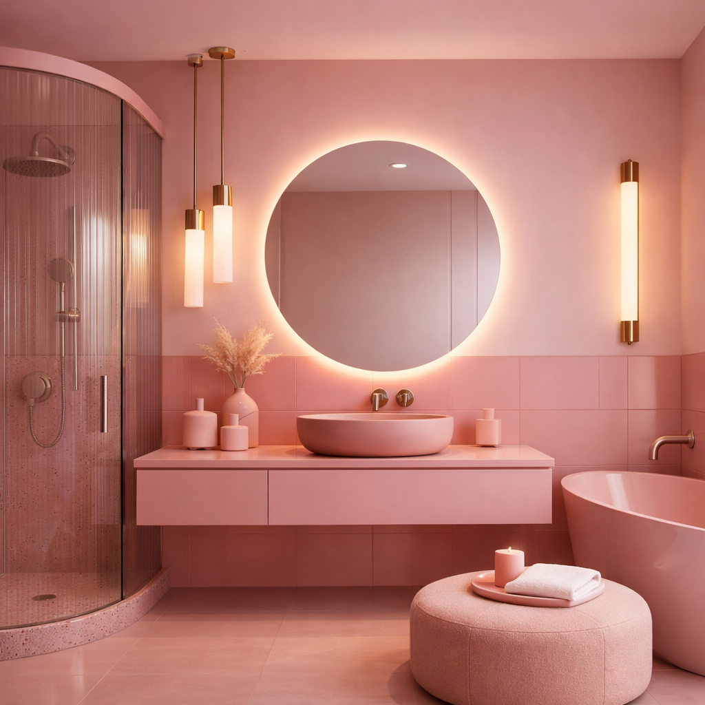 A modern pink bathroom featuring contemporary lighting fixtures and stylish decor.