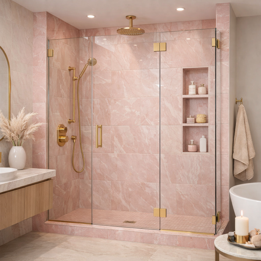 Elegant pink bathroom with a modern shower design featuring blush marble tiles and gold fixtures.
