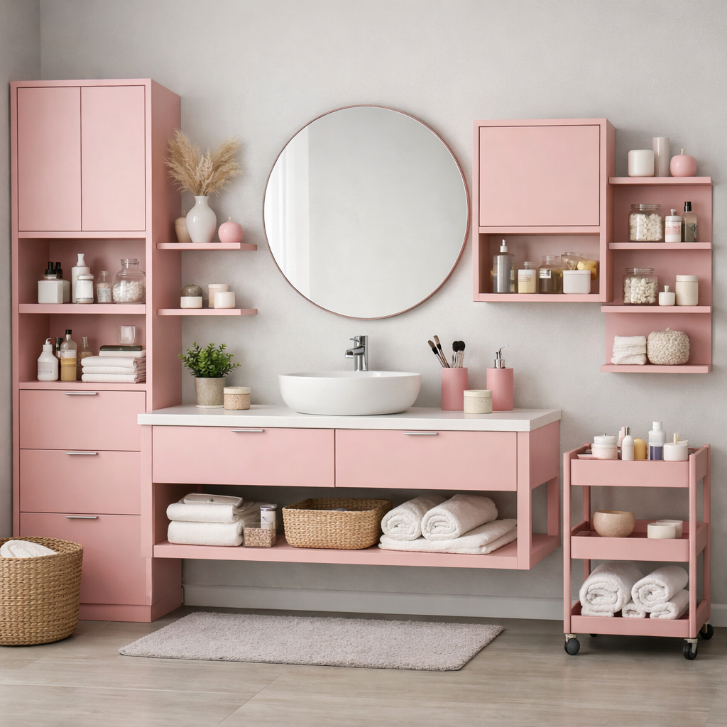 A modern pink bathroom displaying stylish storage solutions with pink cabinets, shelves, and a rolling cart.